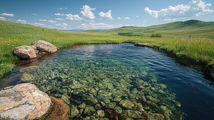 Fototapeta premium Crystal-clear spring-fed pool in a grassy landscape.