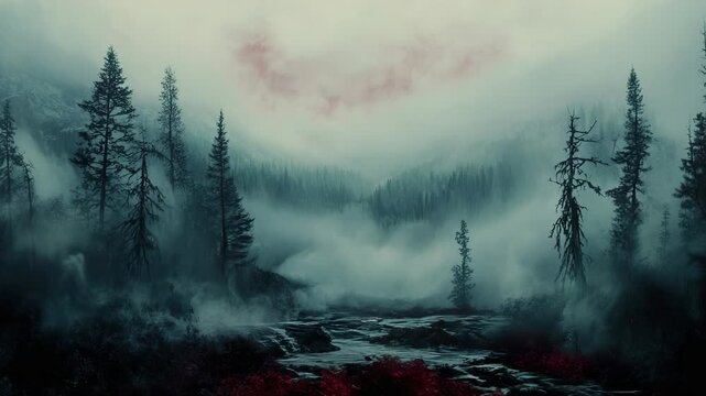 A foggy forest with red flowers in the fore