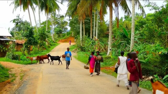 A Day in the Life: Local People and Goats Walking in the Tropical Village
