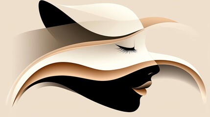 Abstract elegant female face profile with closed eyes in minimalistic flowing shapes and neutral beige tones, modern beauty line art illustration