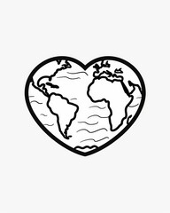 Simple line art Earth map inside heart shape symbolizing love for the planet, minimalistic eco-friendly illustration, black and white contour design