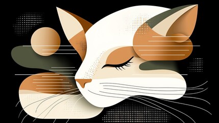 Modern abstract geometric illustration of a calm sleeping cat in minimalist style with warm colors on black background