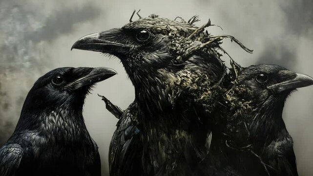 Two black crows standing next to each other crows