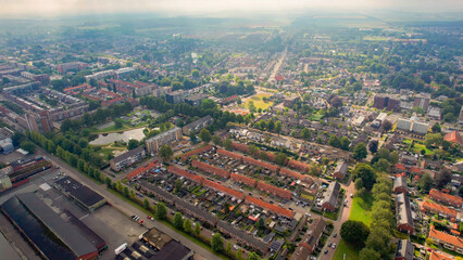 Aerial view of the old town of the city Hoogezand in the Netherlands on a sunny day in summer