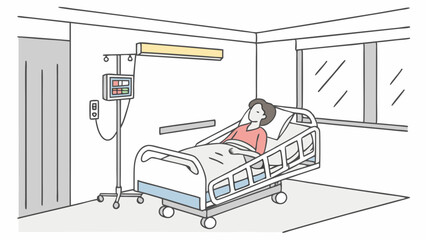 Illustration of a patient resting in a hospital bed with medical devices, symbolizing healthcare, recovery, and wellness.