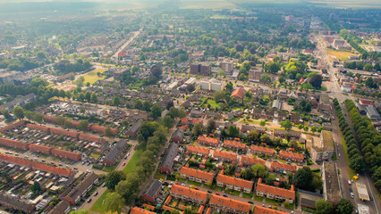 Aerial view of the old town of the city Hoogezand in the Netherlands on a sunny day in summer