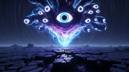 Ethereal Cosmic Eye Entity with Glowing Energy Tendrils Over Desolate Alien Landscape