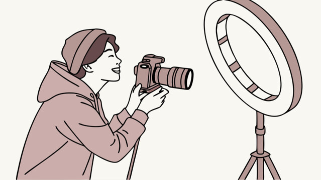 Young content creator with camera and ring light for digital media production, vlogging, and modern photography