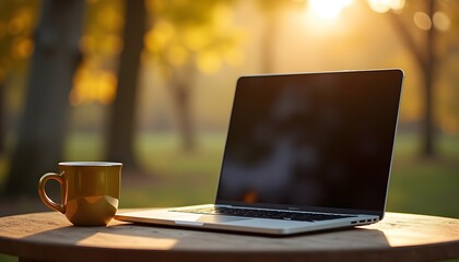 A laptop computer sitting on top of a wooden table next to a yellow mug
