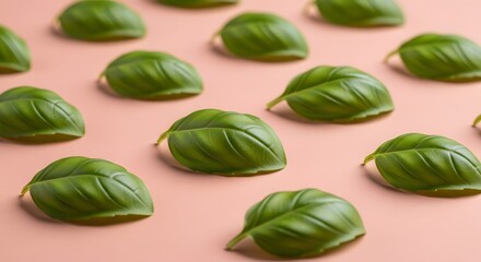 Fresh green basil leaves arranged in a repeating pattern on a soft peach background