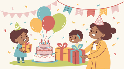 Obraz premium Joyful Diverse Family Birthday Celebration with Cake, Gifts, and Balloons. Happy children and mother at a party.