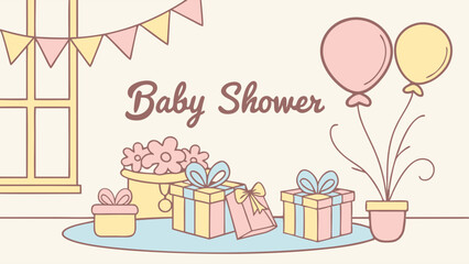 Sweet Baby Shower Celebration Illustration with Pastel Gifts, Balloons, and Festive Decorations