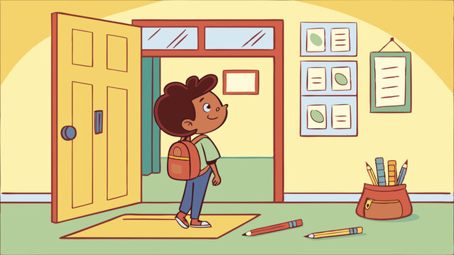 Smiling schoolboy with backpack standing in classroom doorway, ready for learning. Back to school illustration.