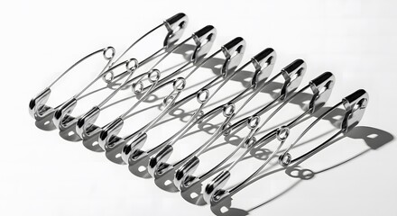 Fototapeta premium A row of shiny silver safety pins arranged diagonally on a clean white background with dramatic shadows cast by studio lighting