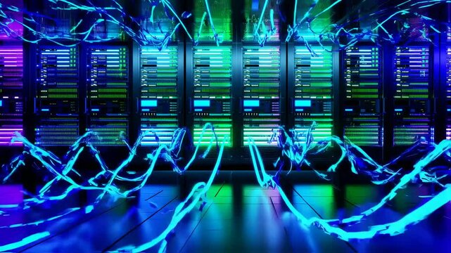 Futuristic data center with glowing light trails visualizing information flow - Powered by Adobe