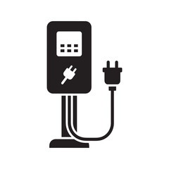 EV charging station solid glyph icon with plug for electric vehicle eco friendly transport and sustainable energy refill point infrastructure