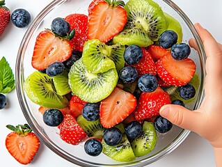 Fresh fruit salad with kiwi, strawberries and blueberries in glass bowl held by child’s hand, healthy snack concept, top view