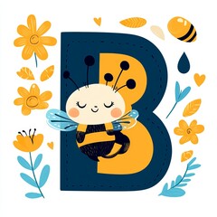 Cute letter B with smiling cartoon bee and flowers, playful alphabet design for kids learning, nursery decor or children’s educational illustration