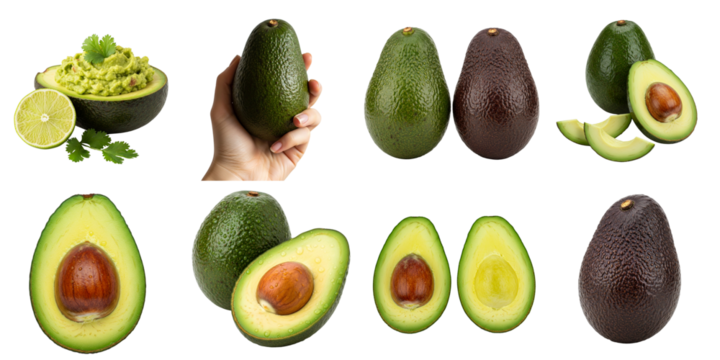 Avocados in various stages with guacamole and lime on white background, set  