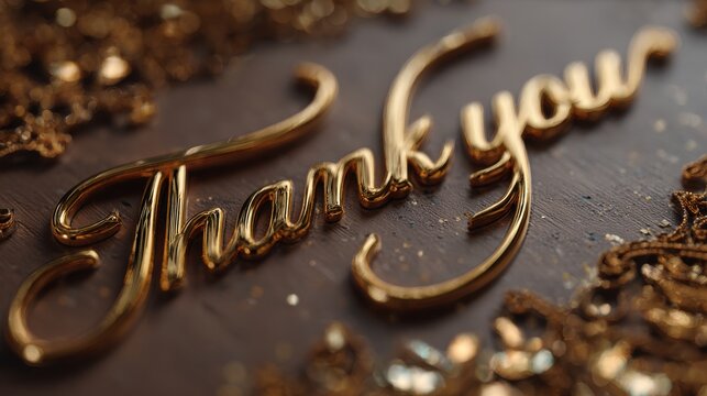 Gold colored sign that says "Thank You" is on a wooden surface. isolated-3d-background