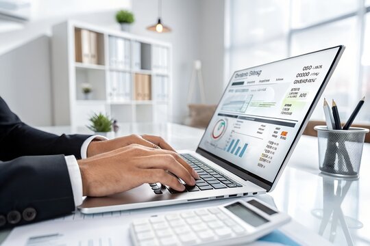 E-invoice and online digital statements concept. Businessman working with digital invoice management system on computer laptop.