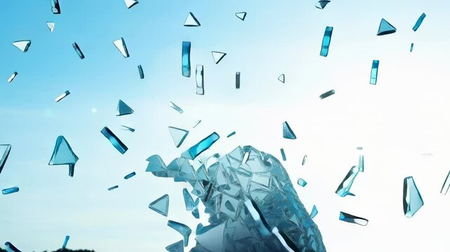 Human profile composed of shattering blue glass fragments, symbolizing psychological disintegration or mental restructuring against light blue background.