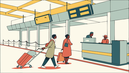 Couple checking in at airport terminal with luggage.