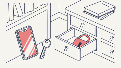 Illustration of a smartphone and key next to an open drawer with a padlock inside.