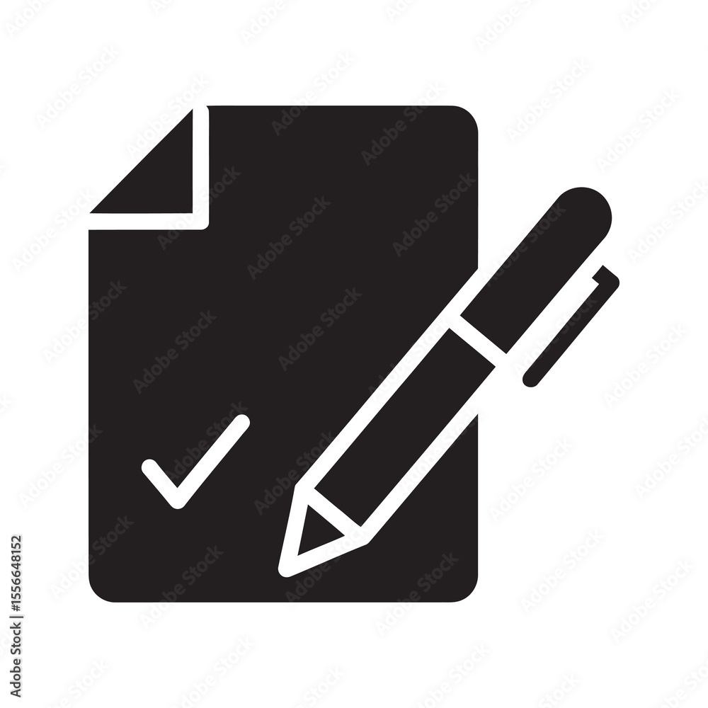 Poster document approval solid glyph icon with check mark and pen for contract signing and task completion 