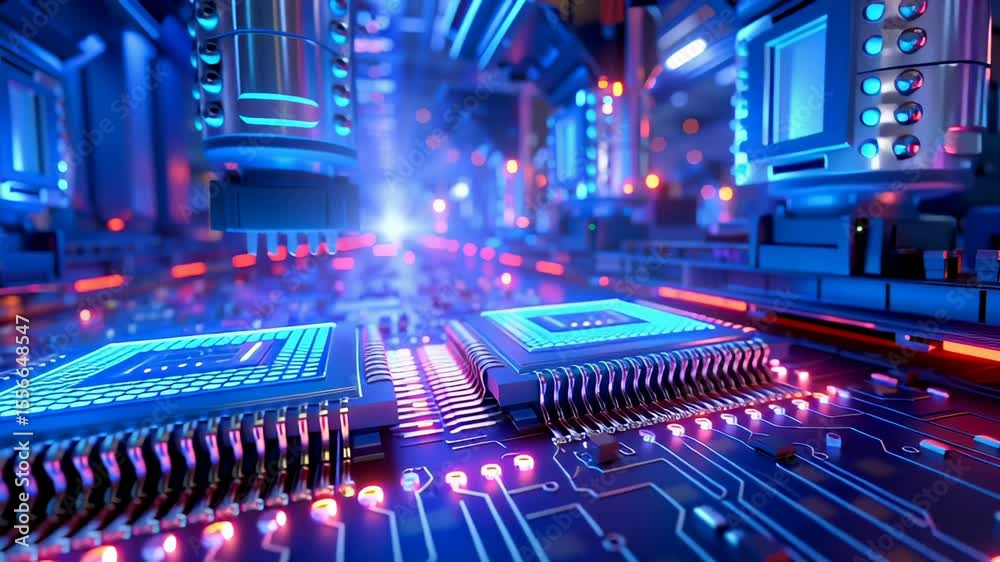 Poster close-up of advanced microprocessor circuit board with glowing connections in a high-tech cybernetic