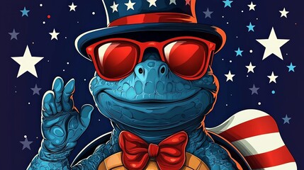 Patriotic cartoon turtle wearing American flag hat and sunglasses waving hello, cute 4th of July celebration illustration with stars background