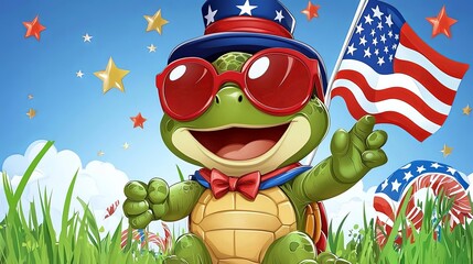 Cute cartoon turtle wearing patriotic hat and heart sunglasses waving American flag on sunny day