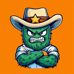 Angry cartoon cactus cowboy with hat and sheriff star crossing arms, funny desert character mascot illustration on bright orange background