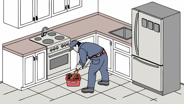 A person in a blue uniform is working in a kitchen, bending over a red bucket near the stove and sink, possibly performing pest control or maintenance.