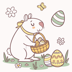 Cute SVG of a Silly Capybara in Spring Bloom colors, featuring with a stuffed animal in a Easter setting