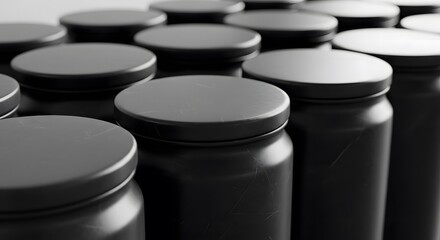 Rows of matte black cylindrical containers with lids arranged in a staggered pattern creating a modern and minimalist aesthetic
