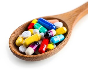 Colorful Capsules and Tablets in Wooden Spoon