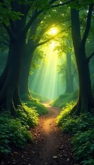 Naklejka premium Mystical Sunlit Forest Path Ethereal Light Illuminates an Ancient, Hidden Sanctuary, Perfect for Fantasy and Spirituality