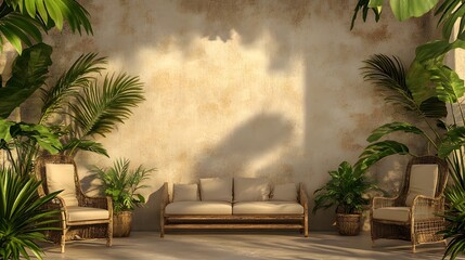Fototapeta premium Tropical Patio Scene with Rattan Furniture and Lush Greenery
