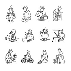 Hijab Woman Daily Activity Outline Vector Set. A collection of hijabi women in daily activities. Set of Muslim women wearing hijab doing productive tasks. set of hijab women in various poses. 