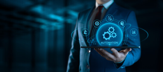 Businessman Holding smartphone with Automation Process Icons on Screen. Business and Industry...