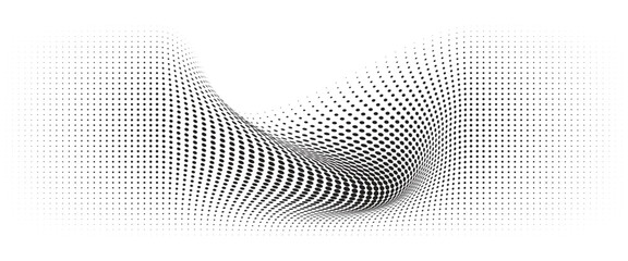 Flowing Wave Dot Halftone Pattern: Curve Gradient Shape on Transparent Background. Suitable for AI, Tech, Network, Digital, Science, and Technology Themes.	
