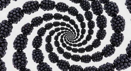 Obraz premium Abstract spiral pattern formed by repeating close up macro shots of ripe dark blackberries against a clean white background