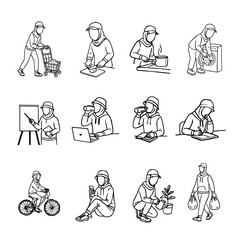 Hijab Woman Daily Activity Outline Vector Set. A collection of hijabi women in daily activities. Set of Muslim women wearing hijab doing productive tasks. set of hijab women in various poses. 