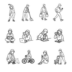 Hijab Woman Daily Activity Outline Vector Set. A collection of hijabi women in daily activities. Set of Muslim women wearing hijab doing productive tasks. set of hijab women in various poses. 