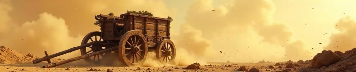 Fototapeta premium Overturned Ancient Chariot A Battlefield of Revolution ? Chaos, Dust, and Broken Wheels Depict the Violent Upheaval of Change in a Historic Battle Scene.