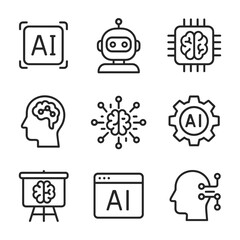Machine intelligence and robotics vector icon pack. Outline symbols. Line design