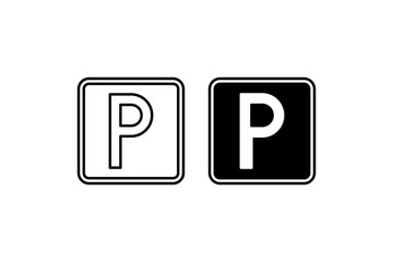 Parking Icon Set. A black icon of a parking sign, representing parking availability.