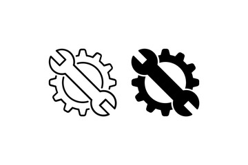 Repair Icon Set. A black icon of a wrench and gear, representing maintenance.