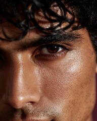 Naklejka premium Latin man with glowing skin around his eyes under fashionable lights, conveying confidence